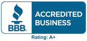 BBB Accredited Business badge with blue logo and A+ rating