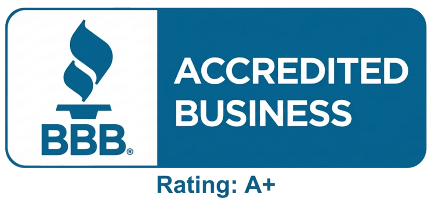 BBB Accredited Business badge with blue logo and A+ rating