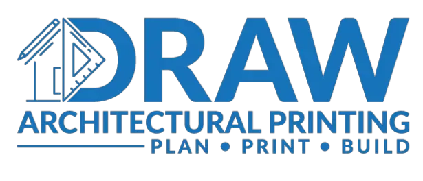 DRAW Architectural Printing logo in blue with stylized triangle icon and tagline “PLAN • PRINT • BUILD”