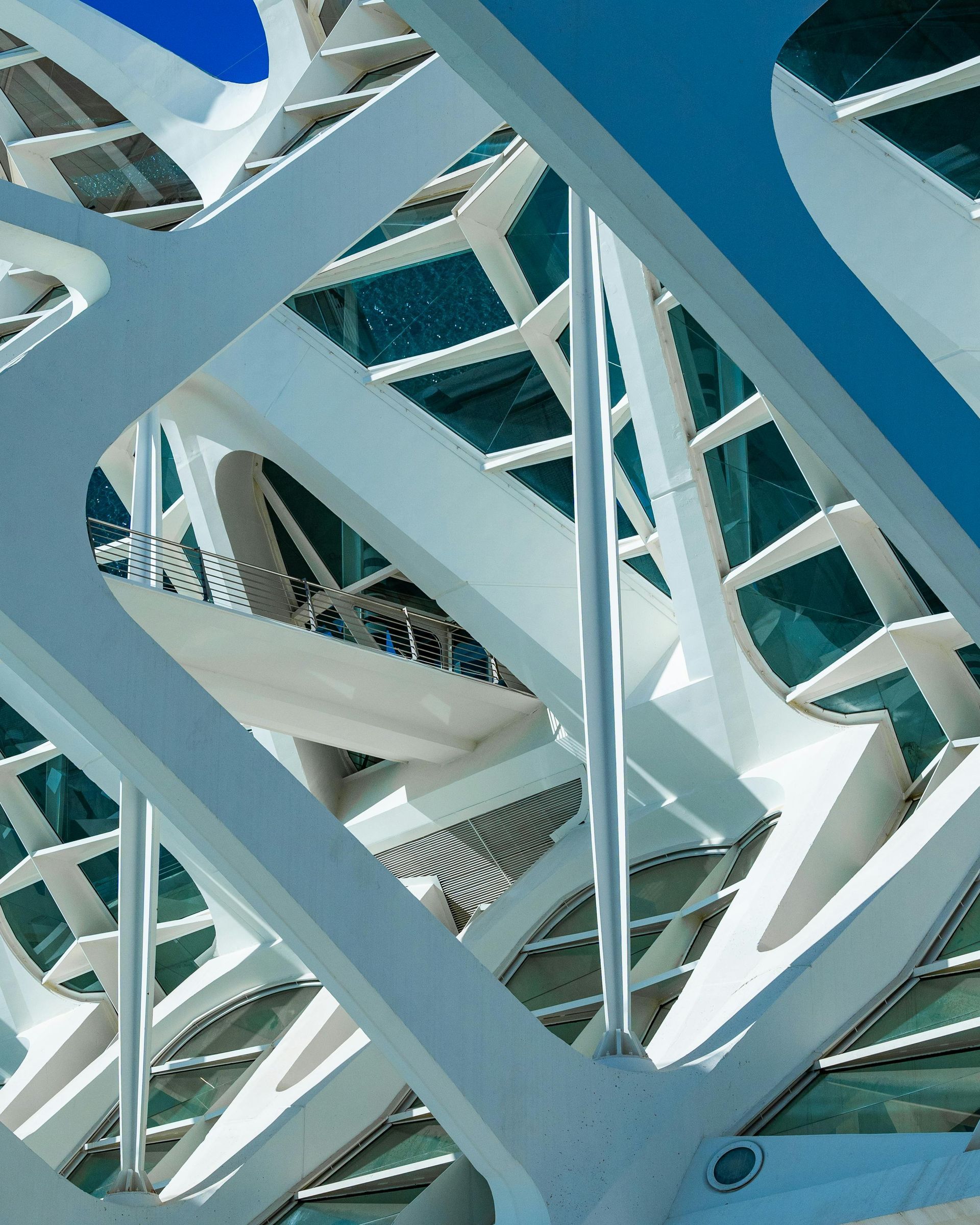 Curved glass atrium ceiling with steel beams and blue sky visible above a modern interior