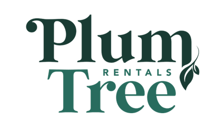The plum tree rentals logo is green and black