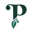 The letter p is surrounded by green leaves on a white background.