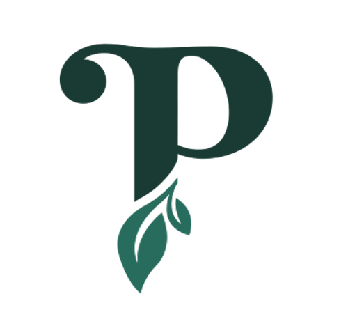 The letter p is surrounded by green leaves on a white background.