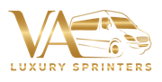 Gold logo of "VA" initials next to a van outline, with "LUXURY SPRINTERS" underneath.