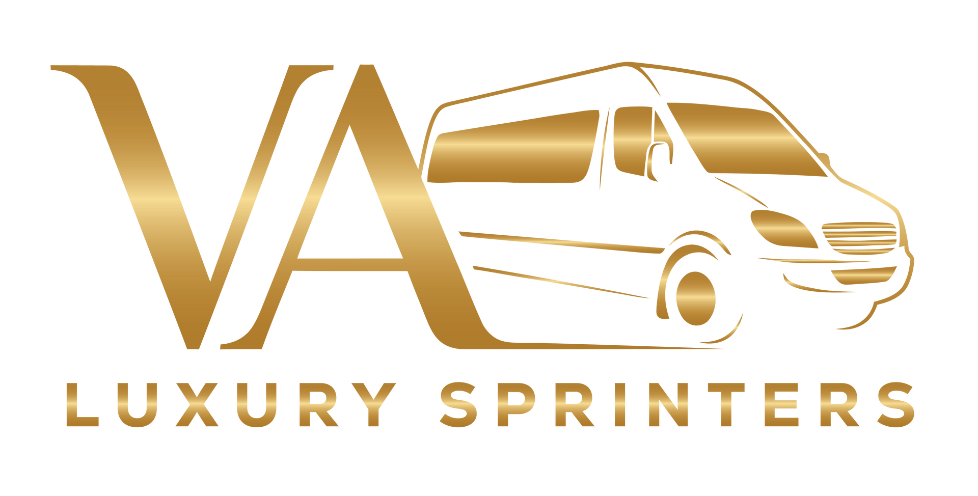 Gold logo of "VA" initials next to a van outline, with "LUXURY SPRINTERS" underneath.