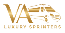 Gold logo of "VA" initials next to a van outline, with "LUXURY SPRINTERS" underneath.