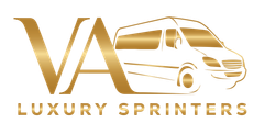 Gold logo of "VA" initials next to a van outline, with "LUXURY SPRINTERS" underneath.