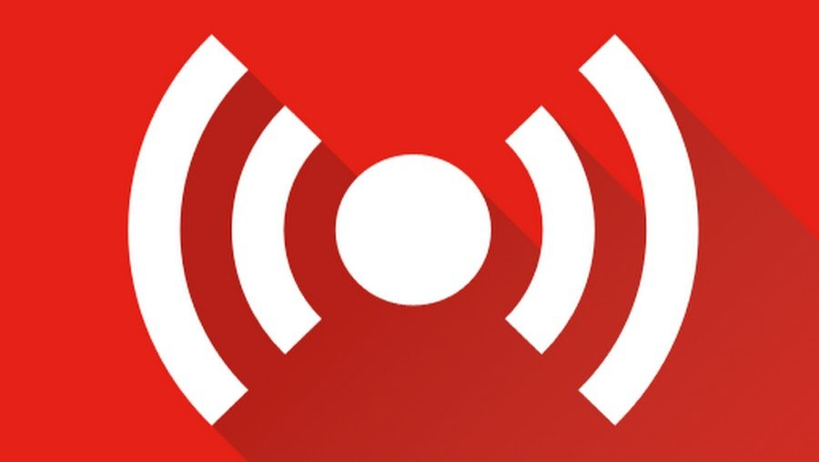 A red background with a white icon with a long shadow