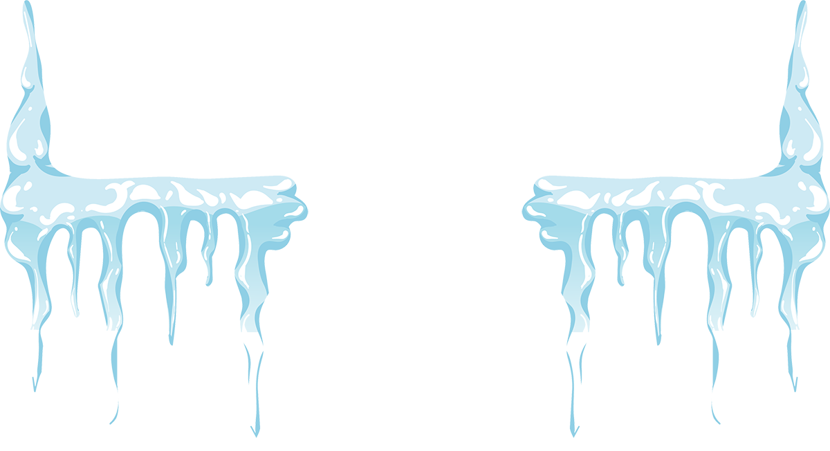 A pair of icicles dripping from a rock on a white background.