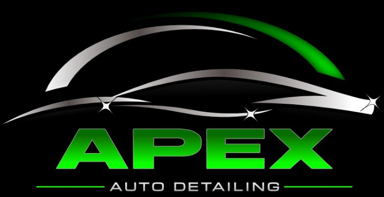Logo for Apex Auto Detailing: Green and silver car silhouette, text 