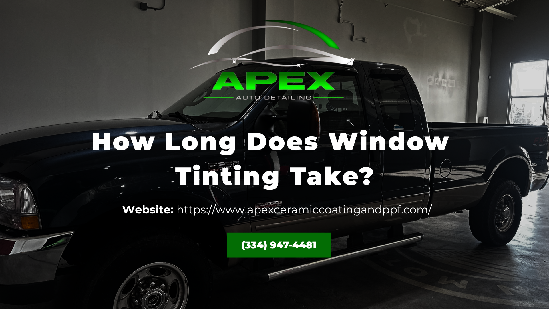 APEX window tinting ad with black SUV and text “How Long Does Window Tinting Take?”
