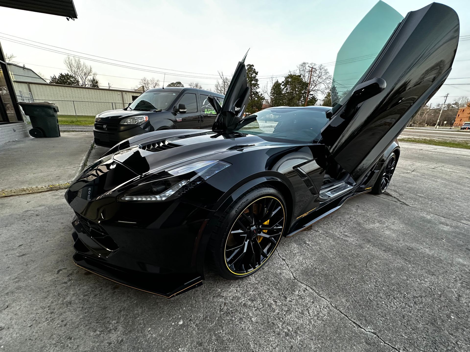 Black sports car with butterfly doors open, parked on concrete.
