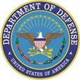 Seal of the Department of Defense with an eagle holding arrows and olive branch, blue background.