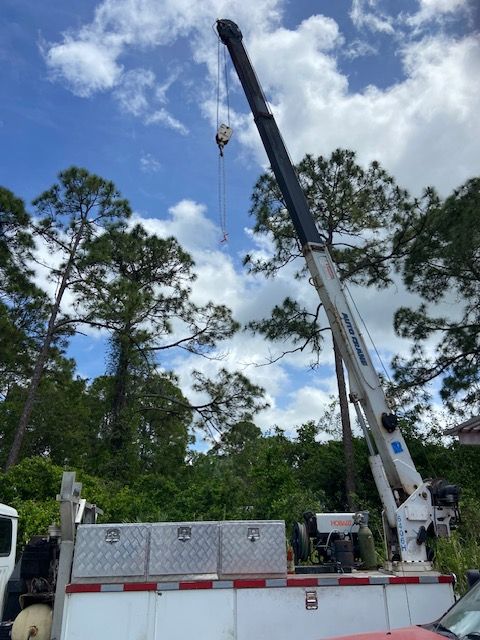 Crane lifting in a yard with tall trees under a cloudy sky.