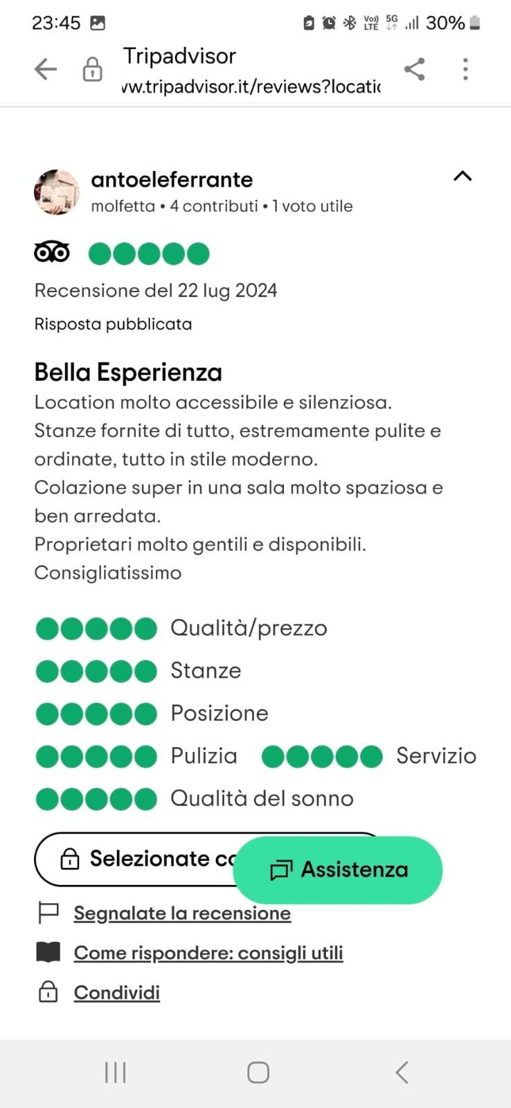 Recensione di Tripadvisor con valutazioni, titolo della recensione "Bella Esperienza" e valutazioni di un utente.