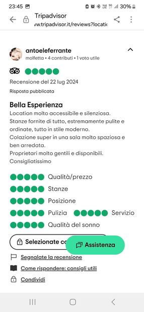 Recensione di Tripadvisor con valutazioni, titolo della recensione "Bella Esperienza" e valutazioni di un utente.