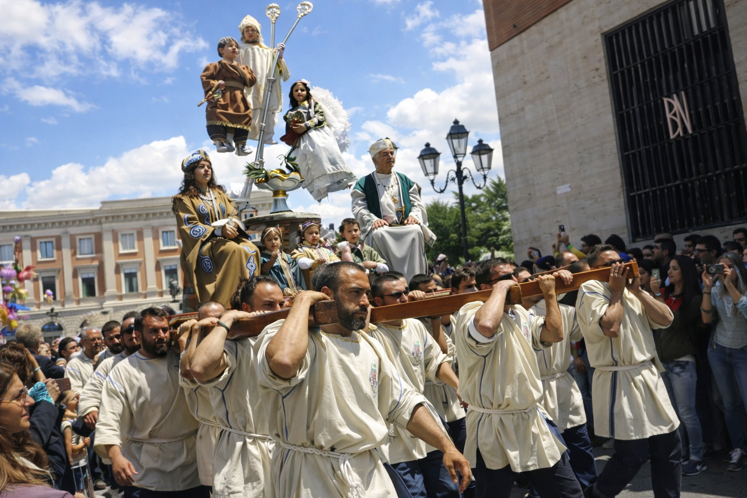 Uomini che trasportano una piattaforma con statue, probabilmente una processione religiosa. All'aperto, giornata di sole.