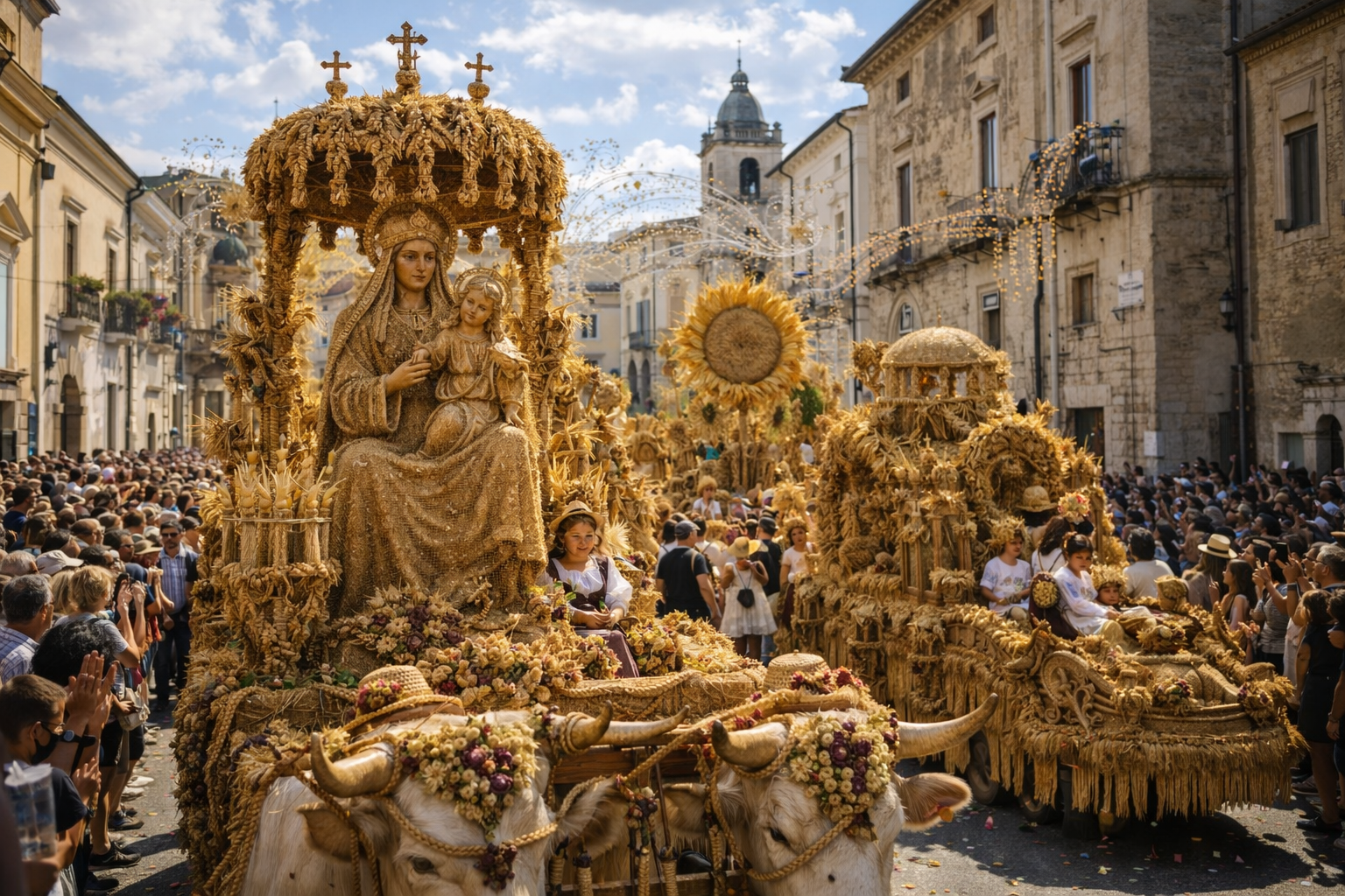 Processione religiosa dorata con figure e strutture trainate da buoi, strada fiancheggiata, molta gente.