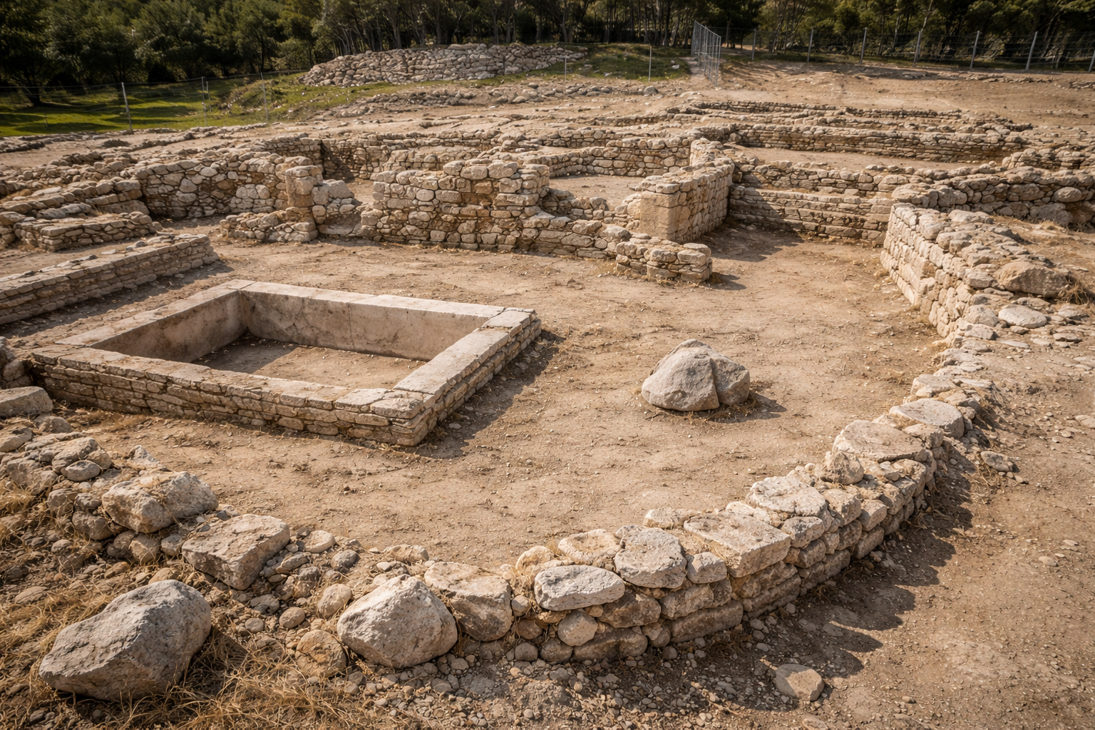 Rovine di antiche strutture in pietra in un campo aperto, con un elemento centrale quadrato e bassi muri.