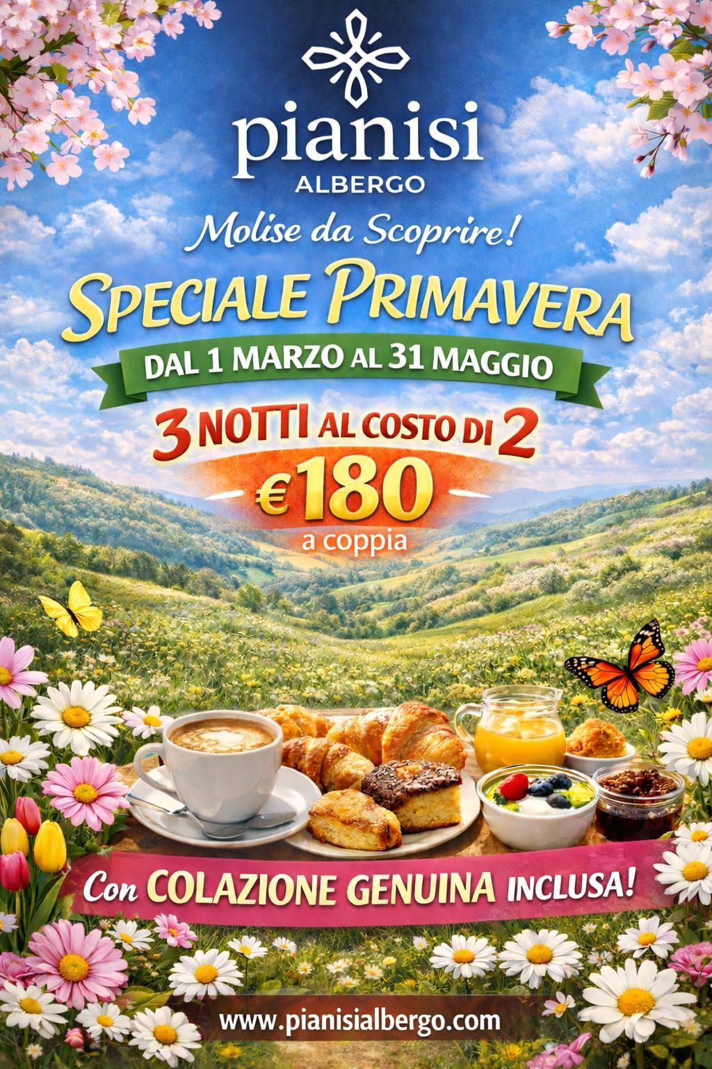 Pubblicità dell'Albergo Pianisi con offerta di primavera: 3 notti al prezzo di 2, 180 € a coppia, colazione inclusa.