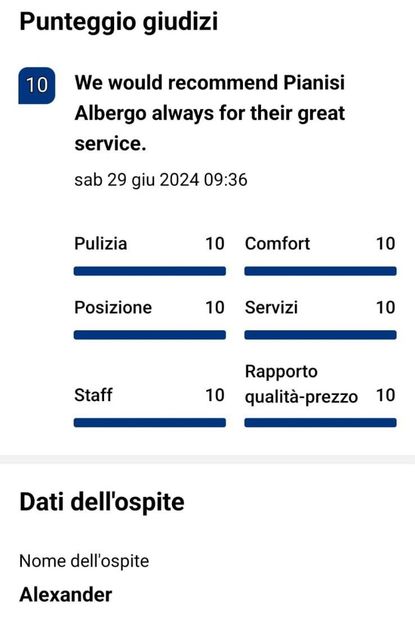 Recensione del Pianisi Albergo con punteggio perfetto. "Consigliamo sempre il Pianisi Albergo per il loro ottimo servizio".