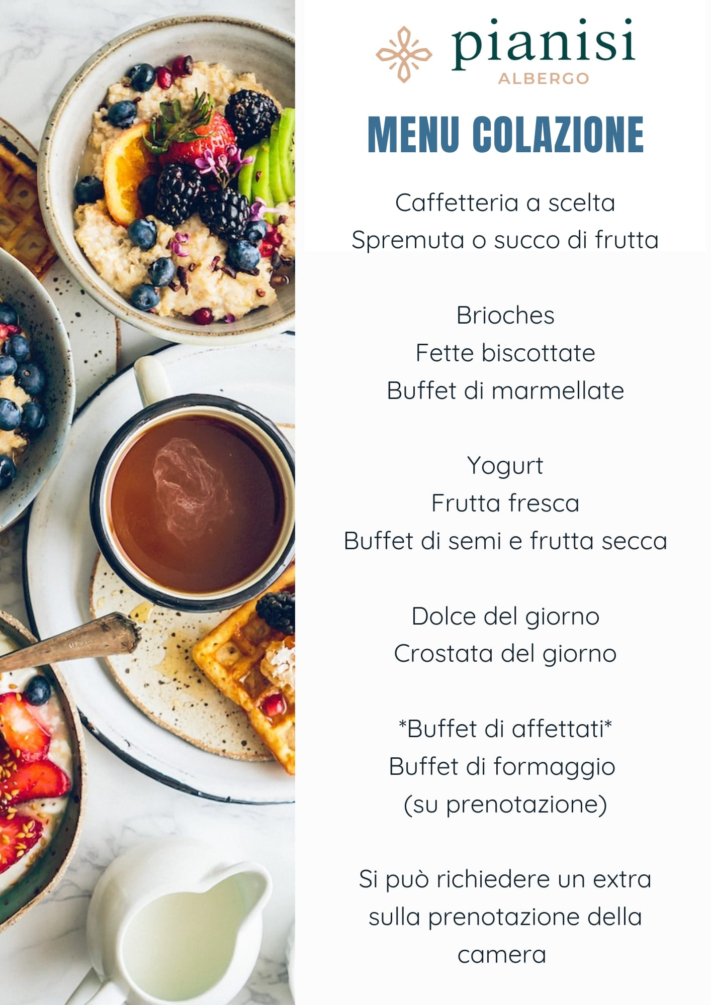 Menù della colazione dell'Albergo Pianisi. Testo su sfondo bianco con immagine del cibo e logo.