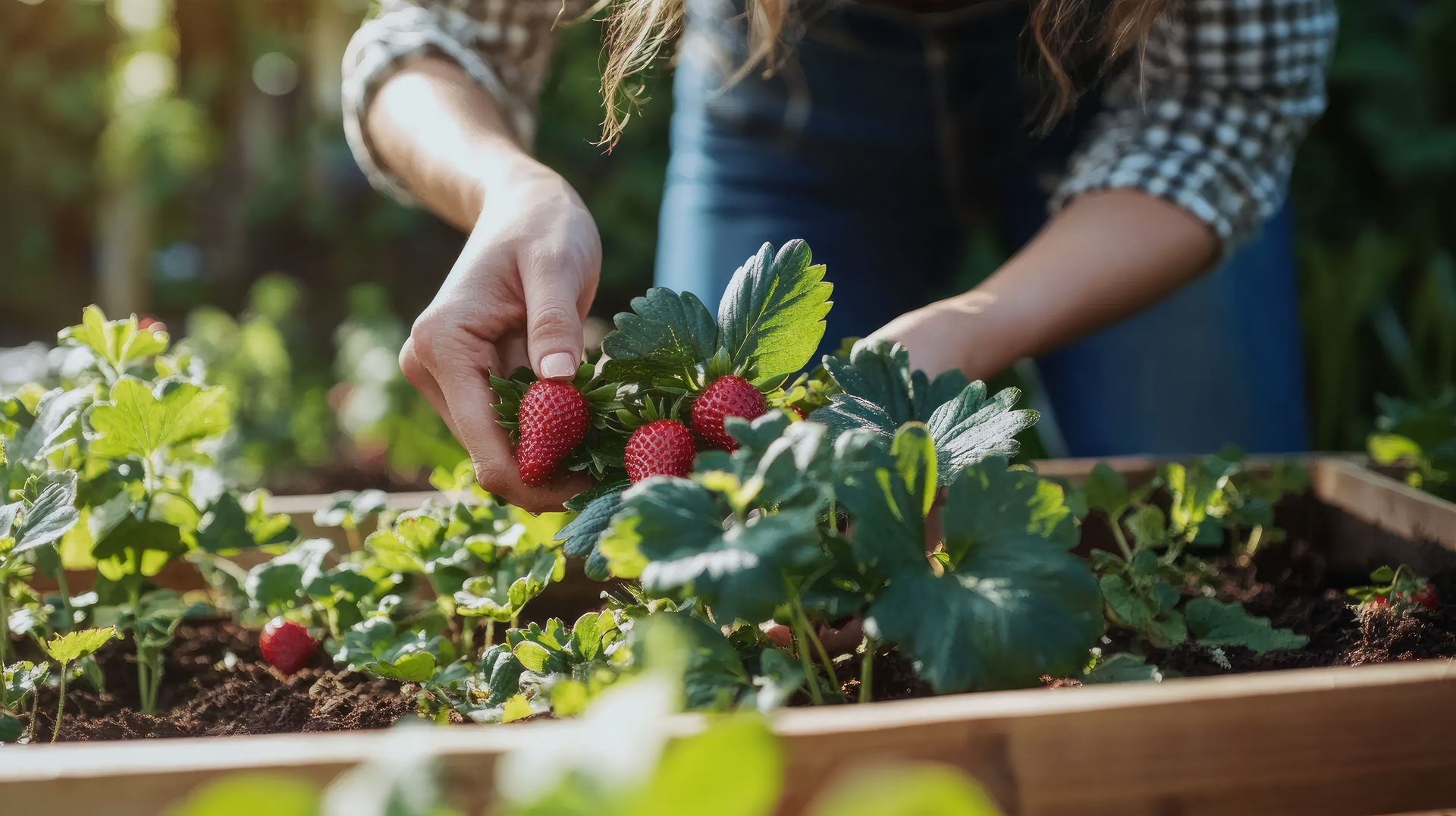A woman is picking strawberries from a plant in a garden.