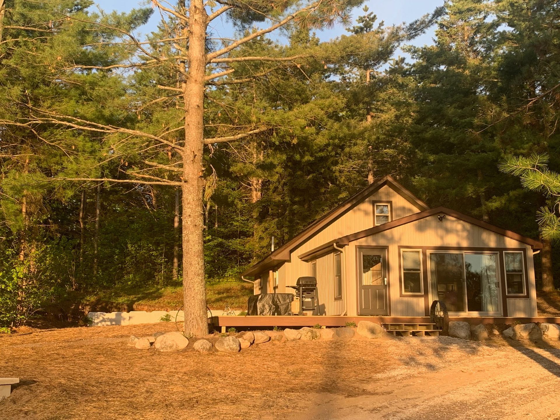 Rustic cabin with brown exterior and deck, nestled amongst trees.
