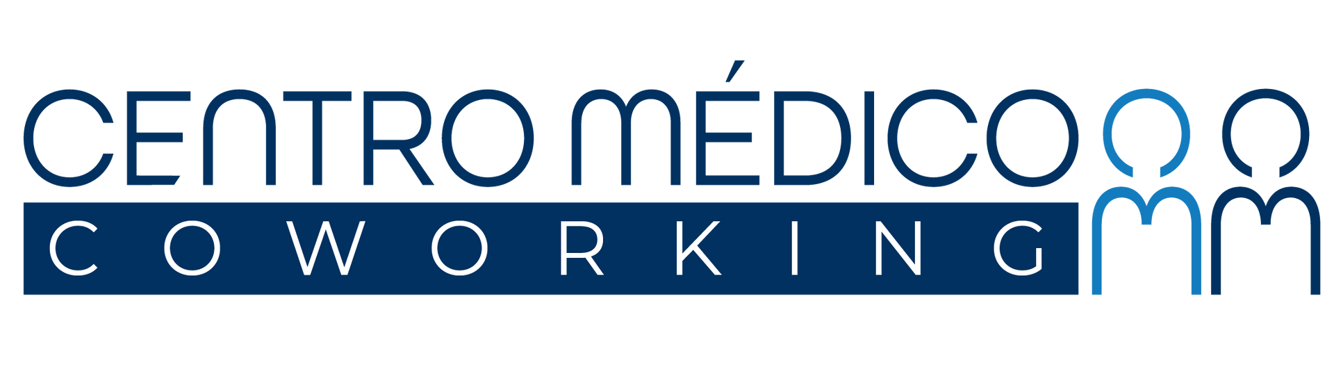 Logotipo do Centro Médico Coworking com texto azul e dois ícones estilizados de figuras humanas à direita.