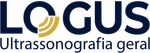 Logotipo da LOGUS Ultrassonografia Geral, apresentando texto azul escuro com um gráfico curvo dourado dentro da letra O.