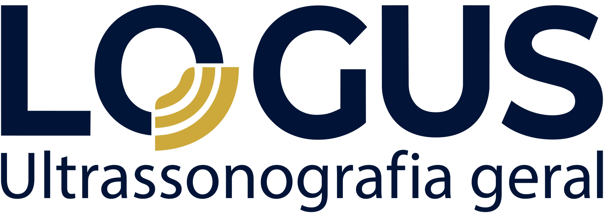 Logotipo da LOGUS Ultrassonografia Geral, apresentando texto azul escuro com um gráfico curvo dourado dentro da letra O.