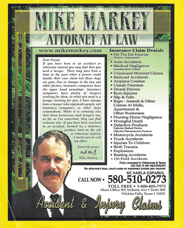 An advertisement for mike market attorney at law