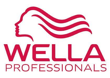Wella Professionals-Logo. Rote Silhouette eines Frauenprofils und wallendes Haar über dem Markennamen in Rot.