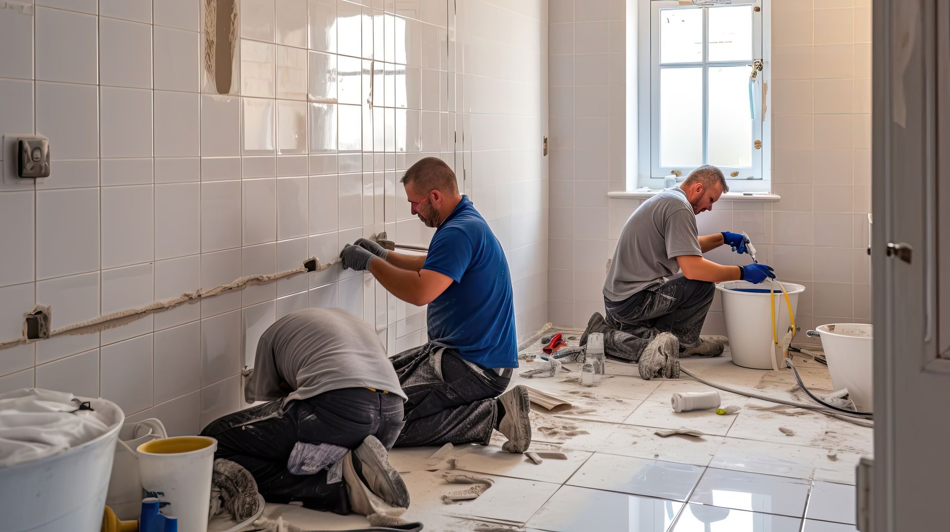 A group of men are working on a bathroom floor.