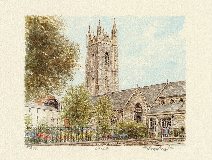 St Johns Church Cardiff Print from watercolour by Glyn Martin