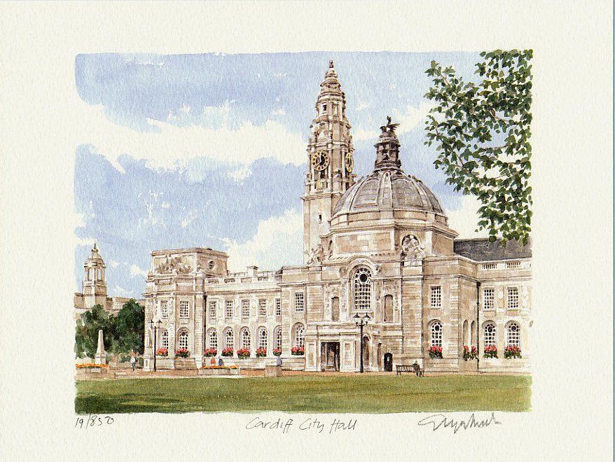 Cardiff City Hall Print from watercolour by Glyn Martin
