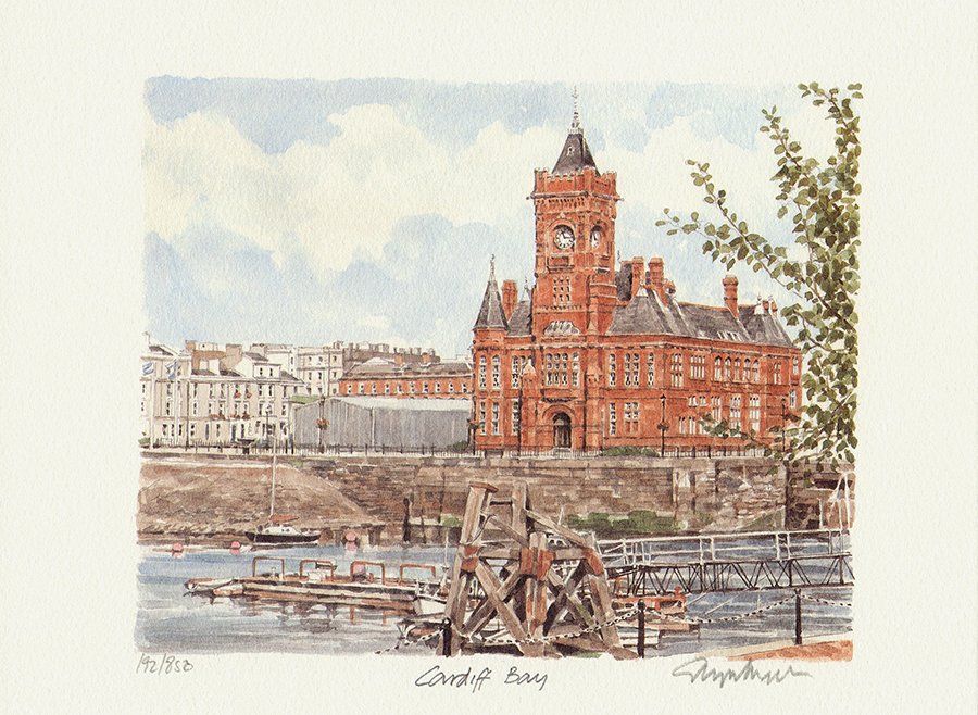 Cardiff Pier Head Print from watercolour by Glyn Martin