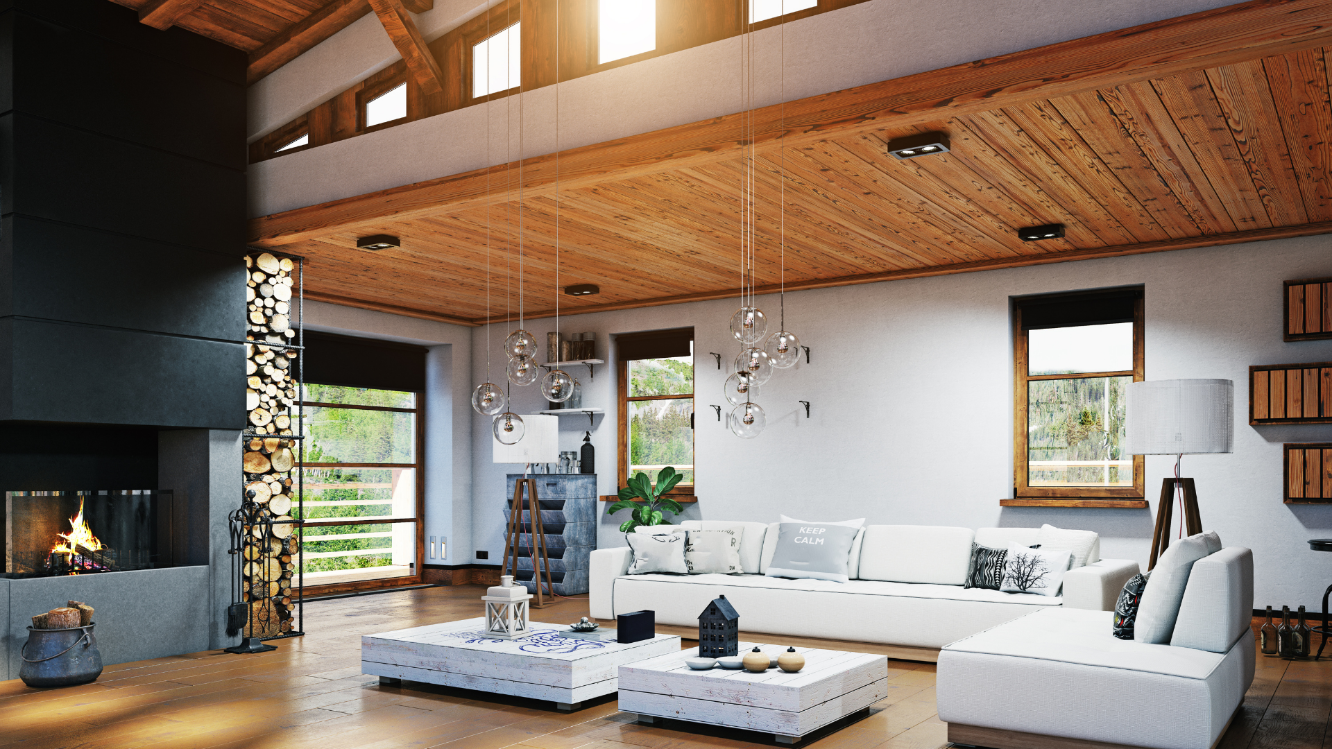 A living room filled with furniture and a fireplace.