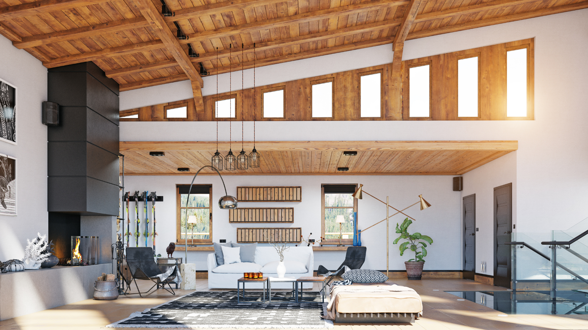 A living room with a wooden ceiling and a fireplace.
