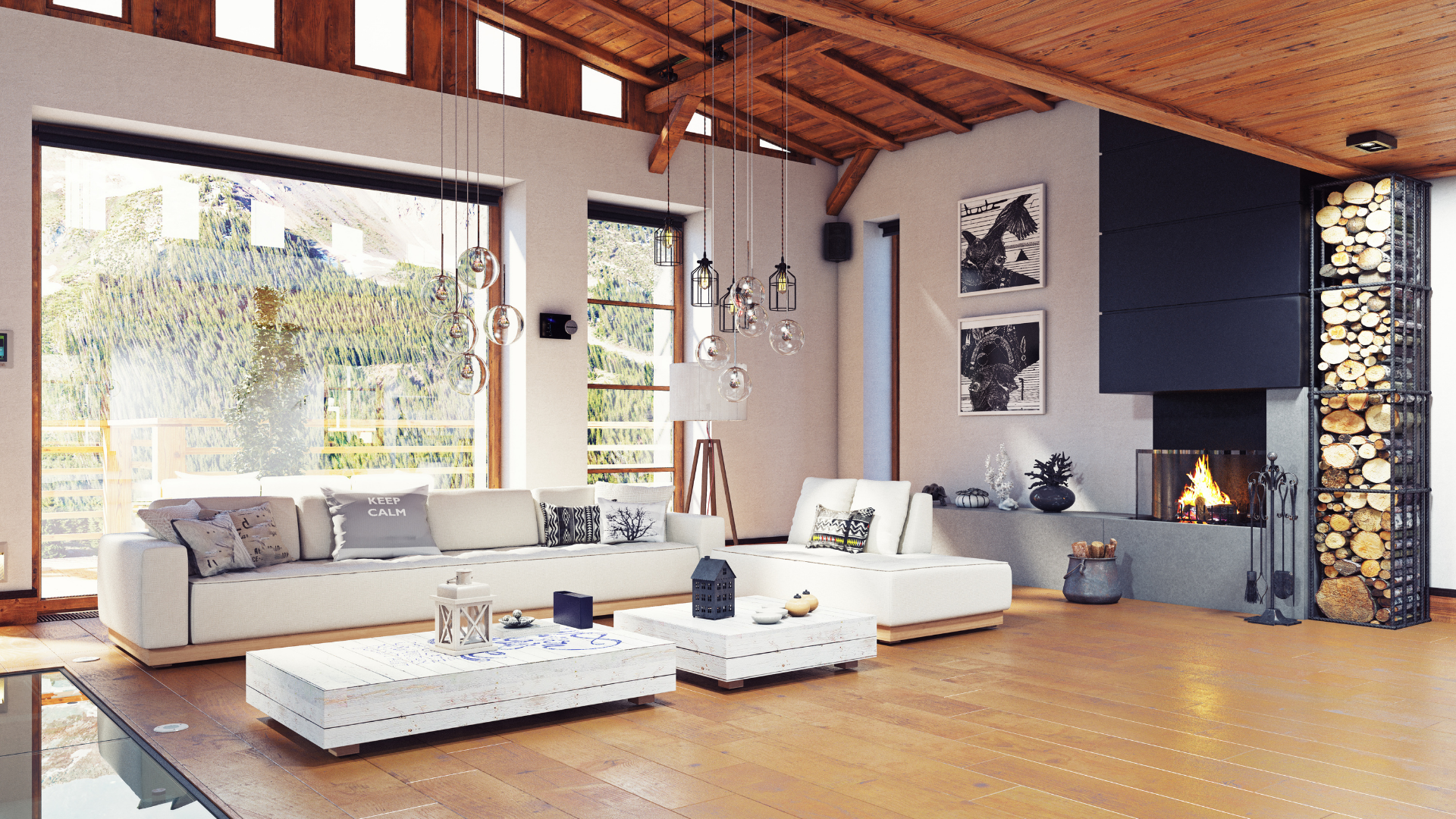 A living room filled with furniture and a fireplace.