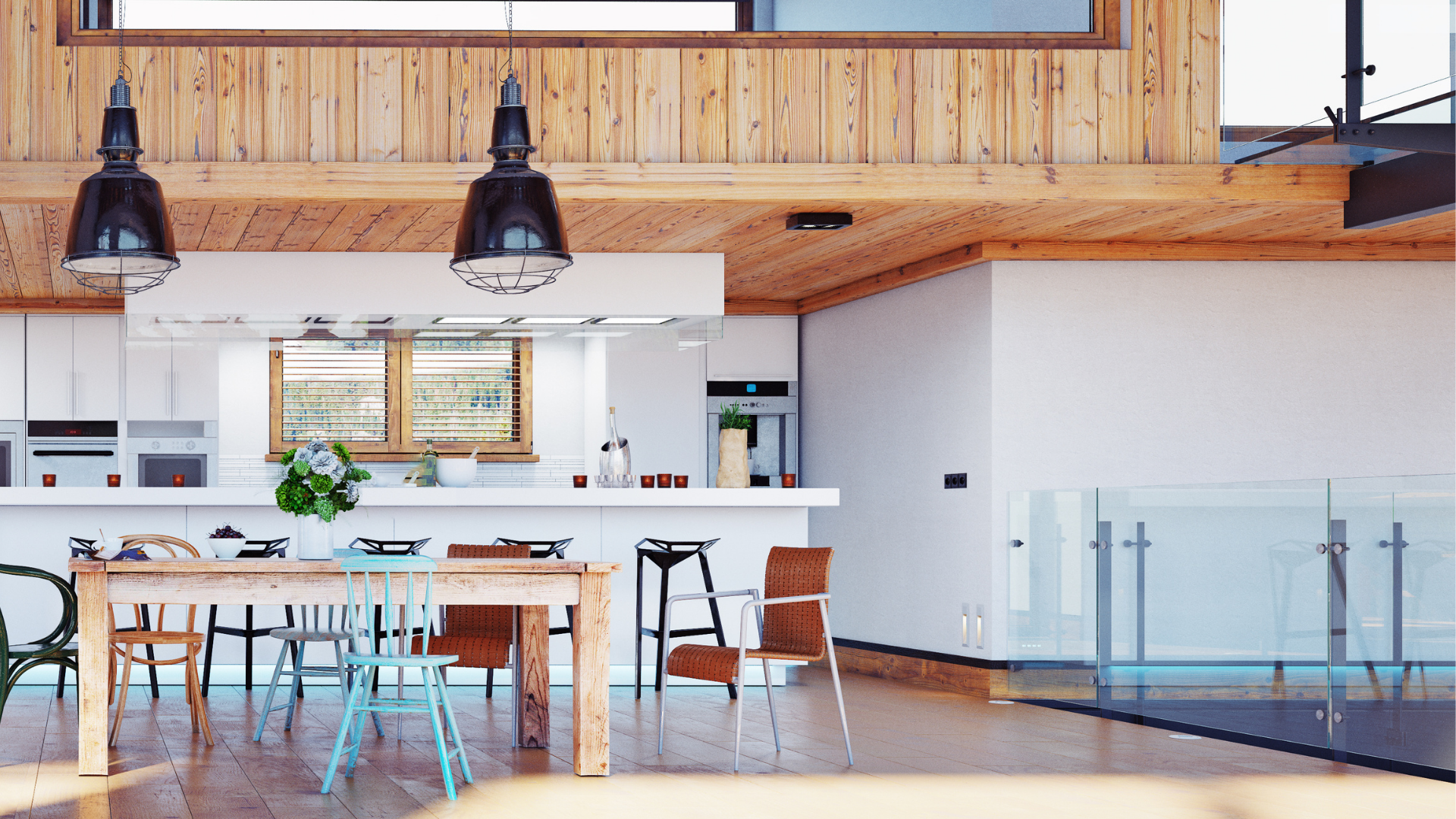 There is a table and chairs in the middle of the room.