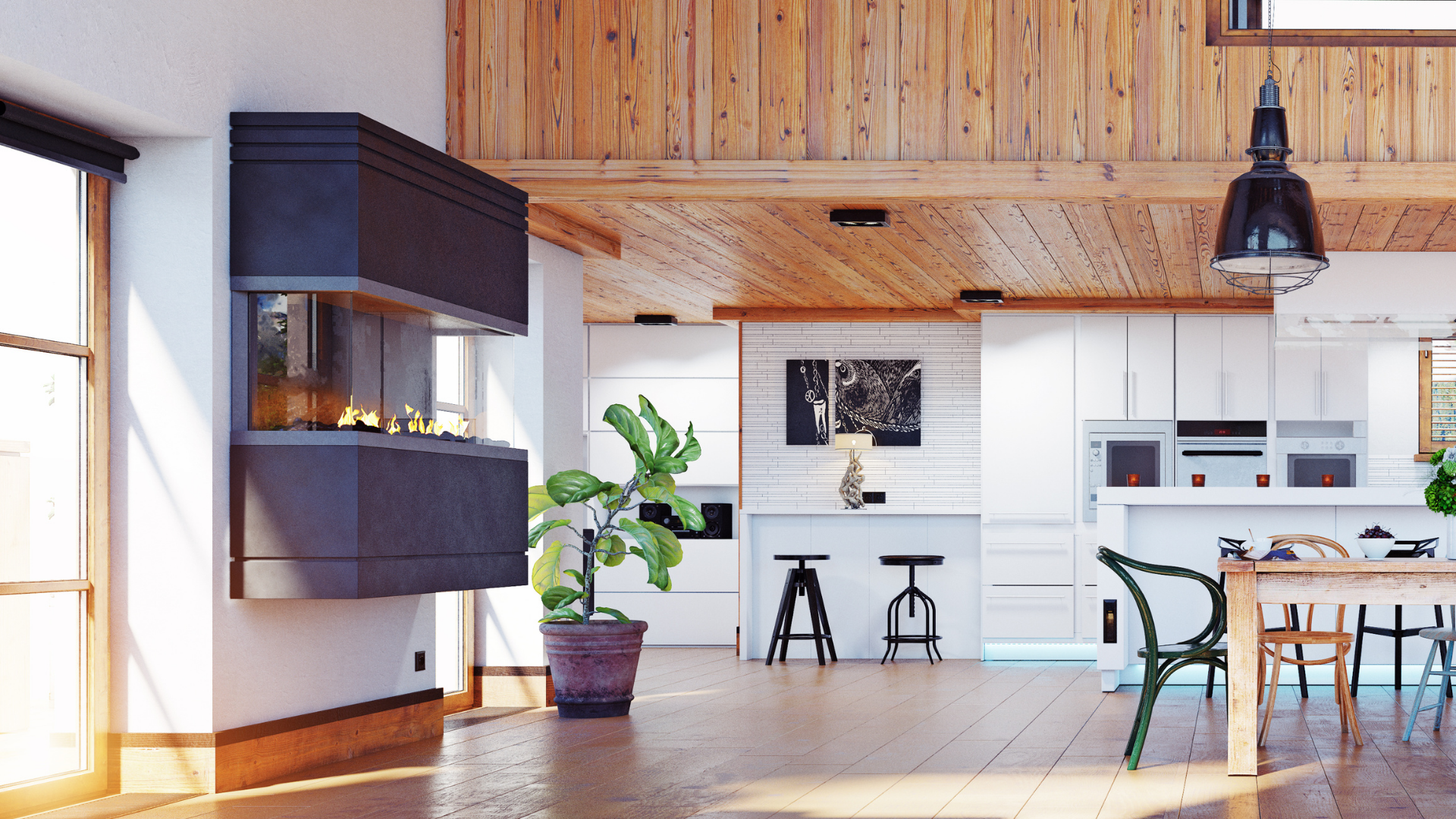 A modern kitchen with a wooden ceiling and a fireplace.