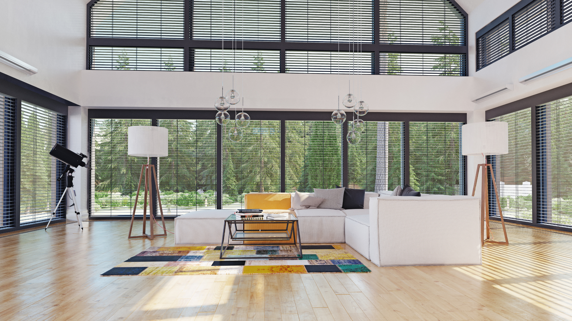 A living room with a lot of windows and a couch.