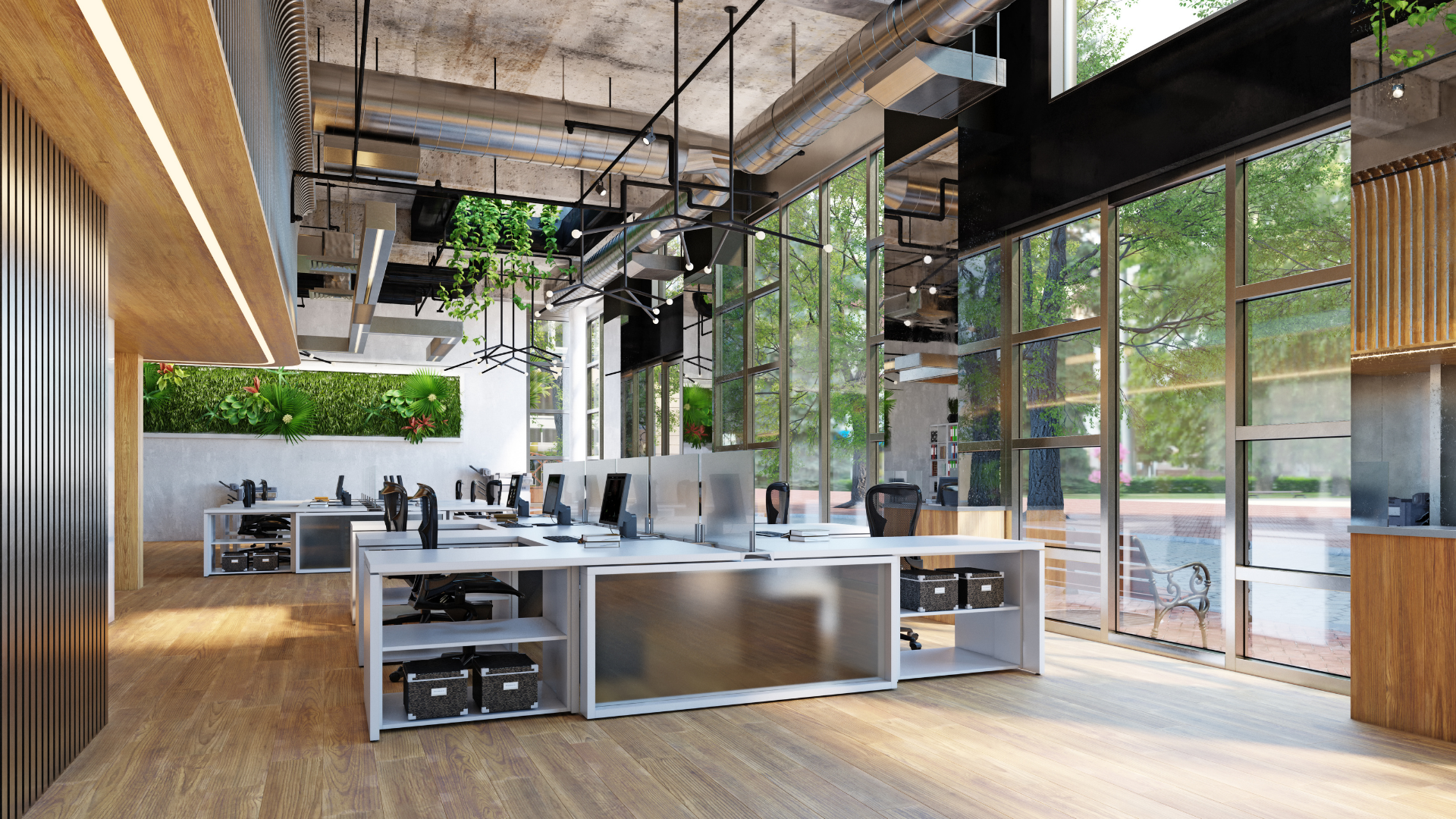 An artist 's impression of a modern office with lots of windows.