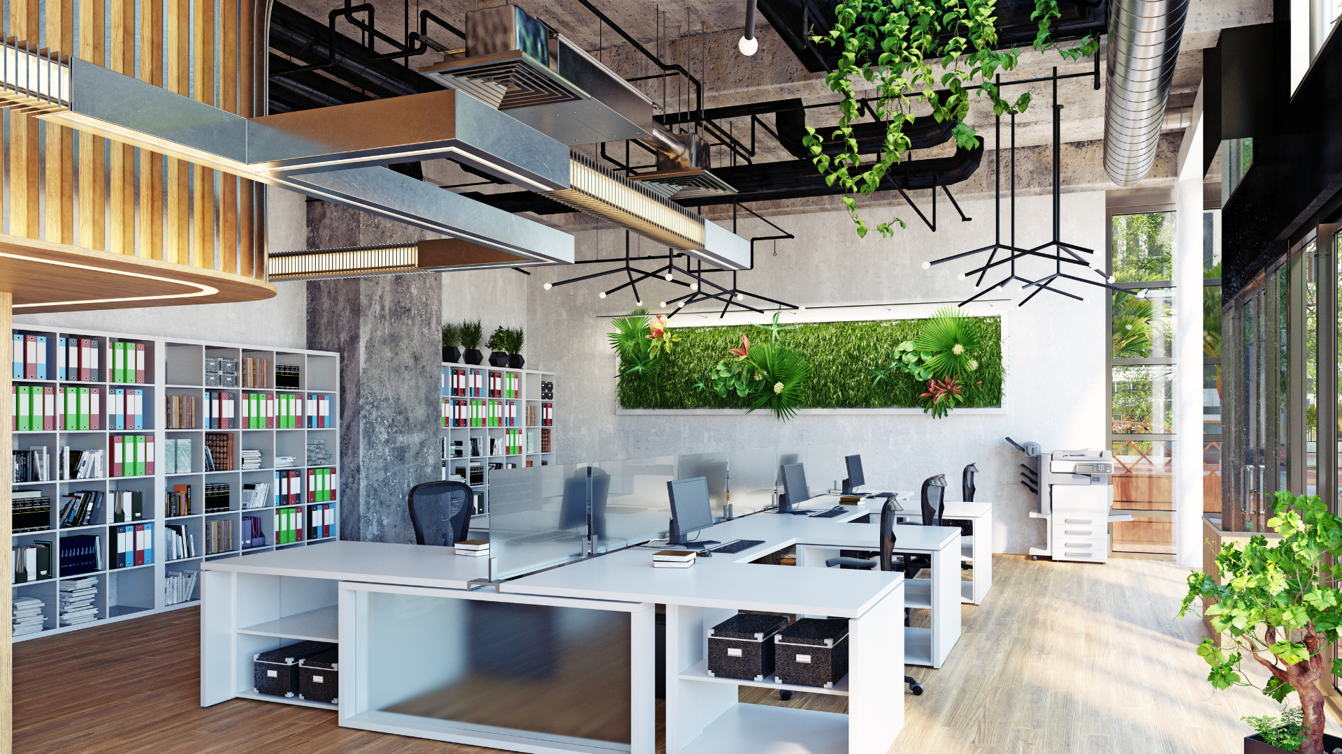 An artist 's impression of a modern office with a green wall.