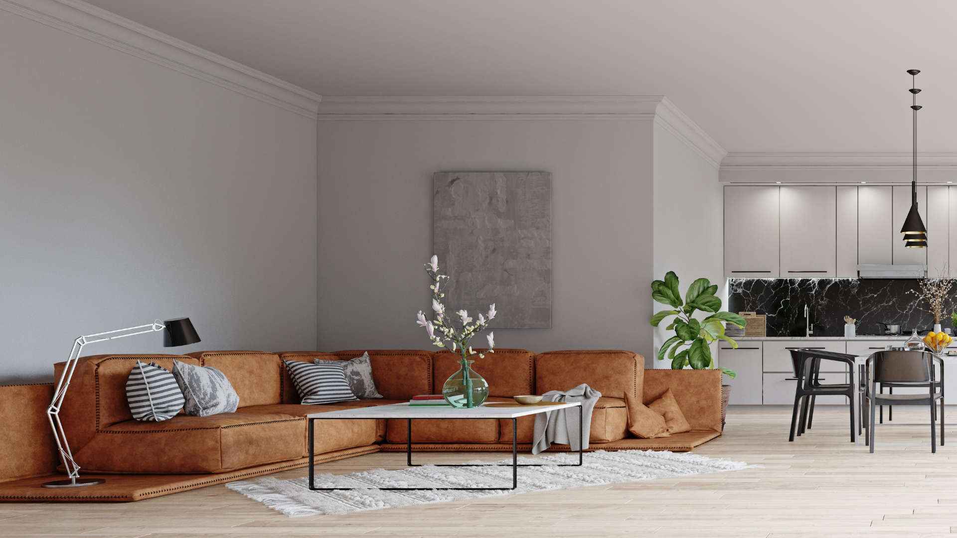 A living room with a brown sectional couch and a coffee table.
