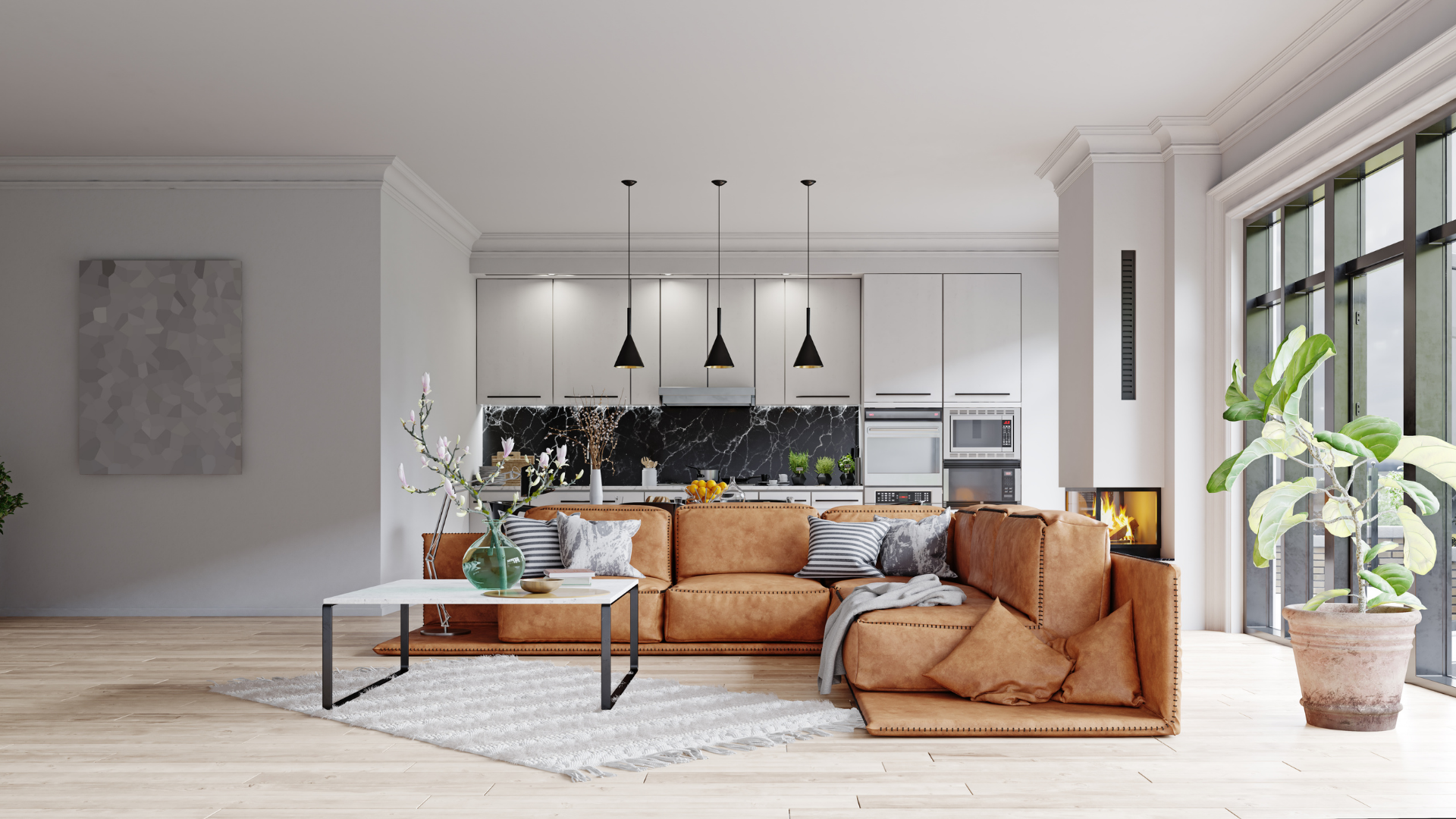 A living room with a brown sectional couch and a coffee table.
