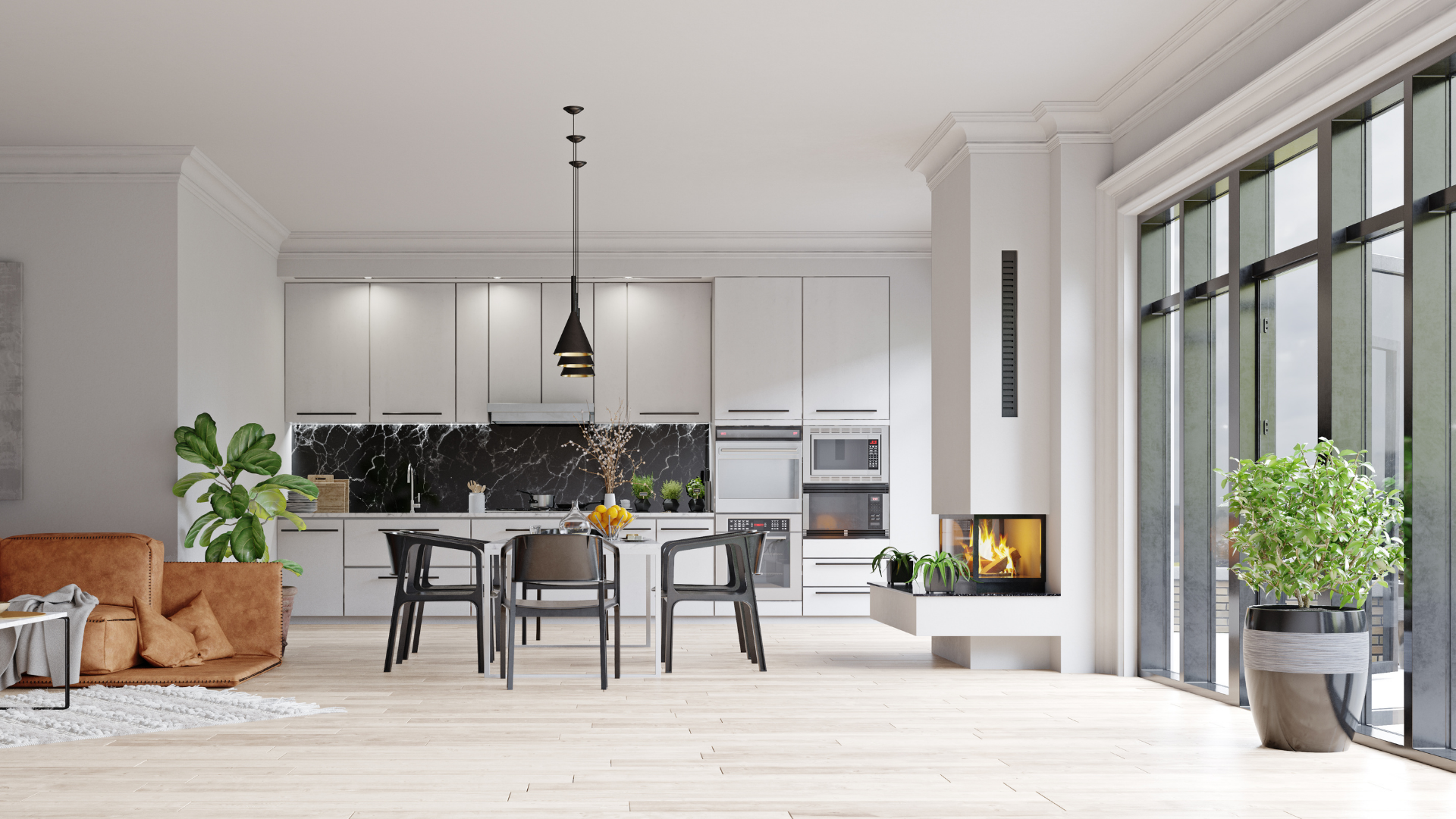 A living room with a dining table , chairs , and a fireplace.