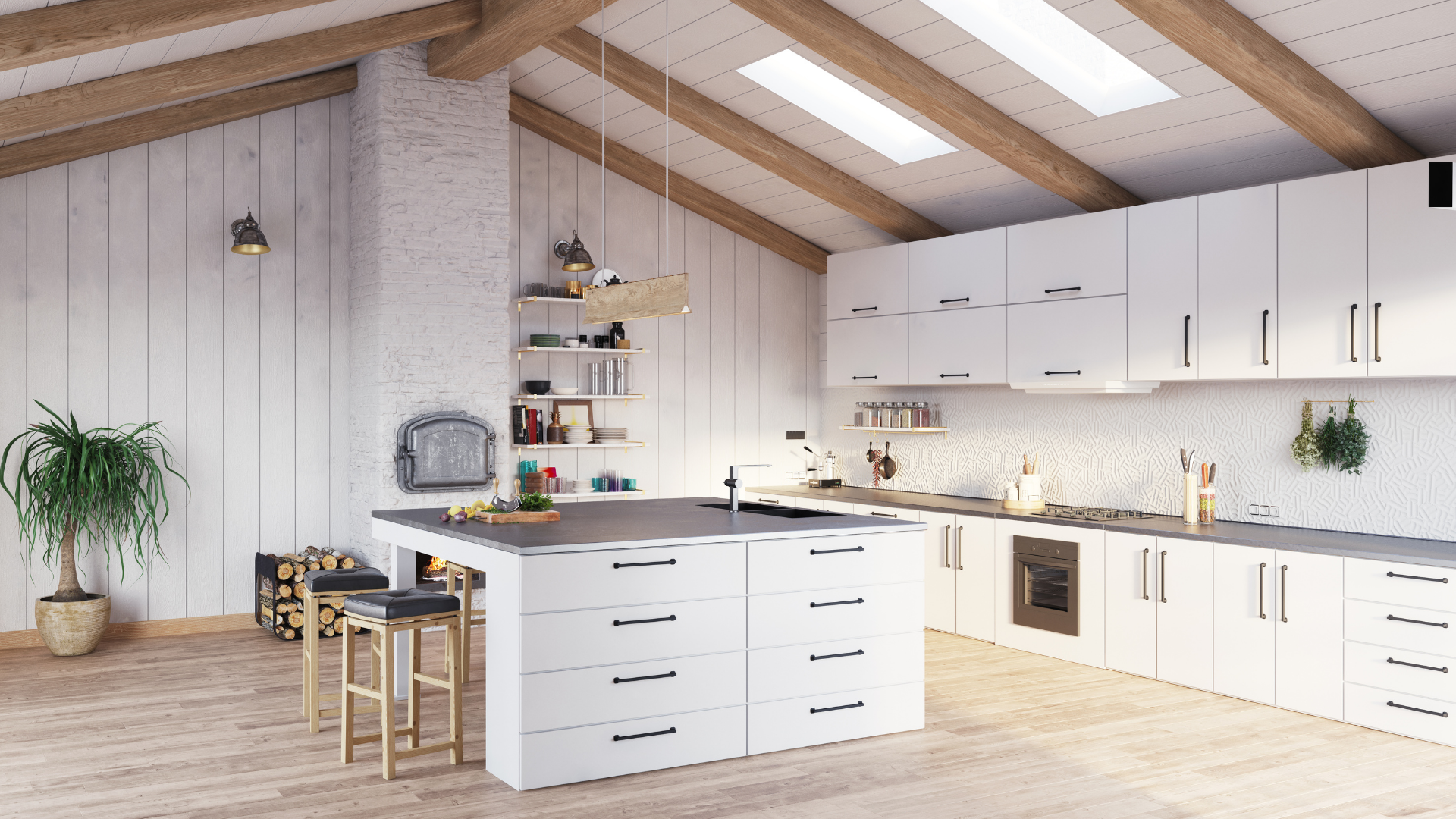 A kitchen with white cabinets and a large island in the middle.