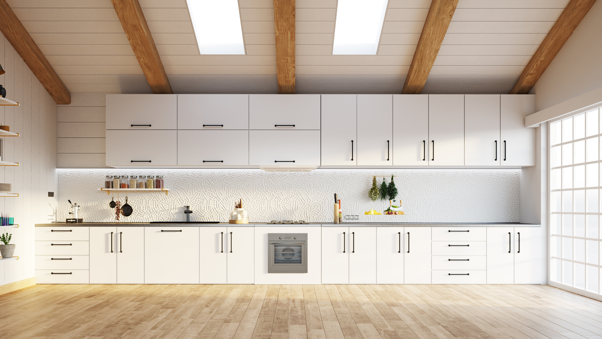 An empty kitchen with white cabinets and wooden floors.